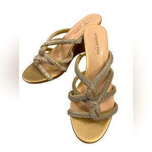 London Fog Women’s Wedge Size 7M Stack Beaded Glitz Champagne open toe